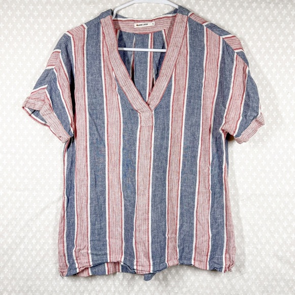 Marine Layer Red Blue Striped Bali Linen Rayon Top - Picture 1 of 4